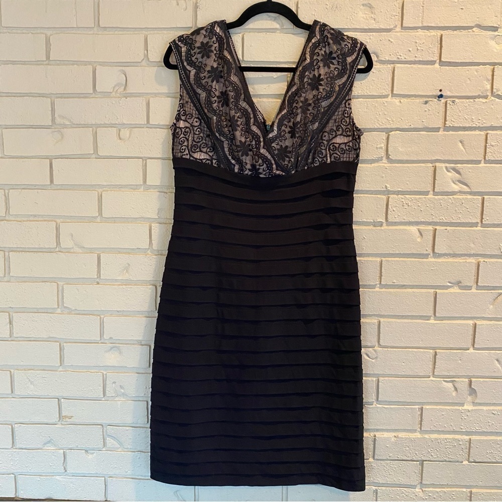 Adrianna Papell size 12 black dress bodycon Compression Slimming Mini Lace